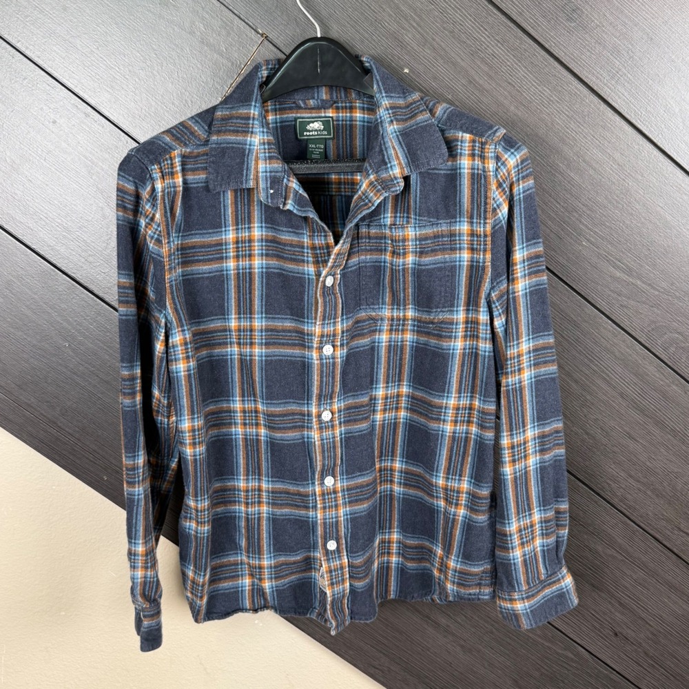 Roots Kids Boys XXL 13-14 Plaid Flannel Shirt Navy Orange Blue Button Up Rustic